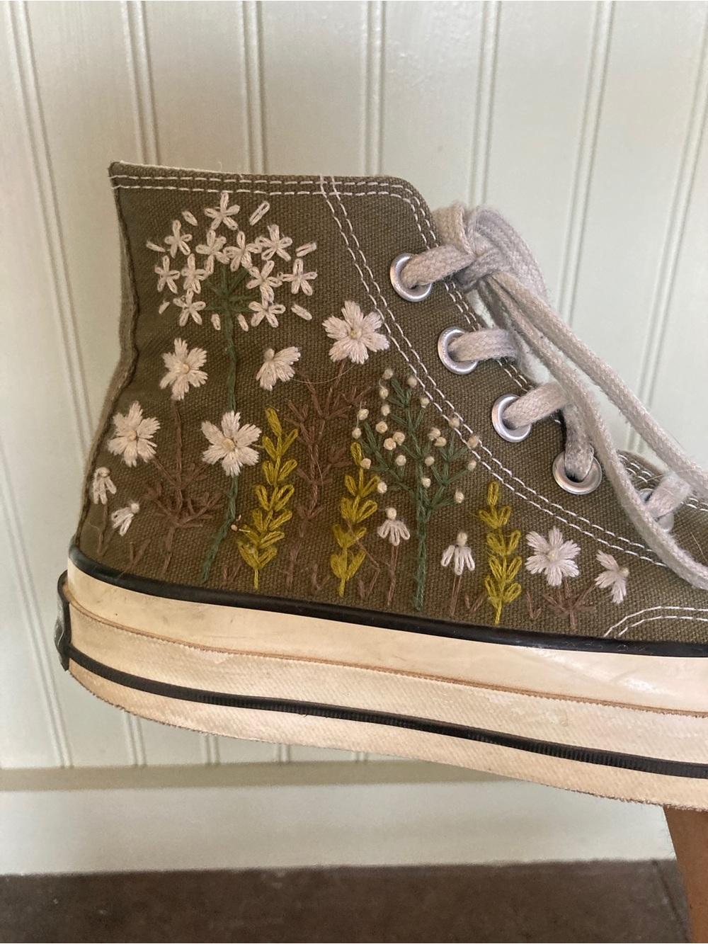 Converse Olive Green Floral Embroidered High-Top Sneakers - Picture 4 of 7